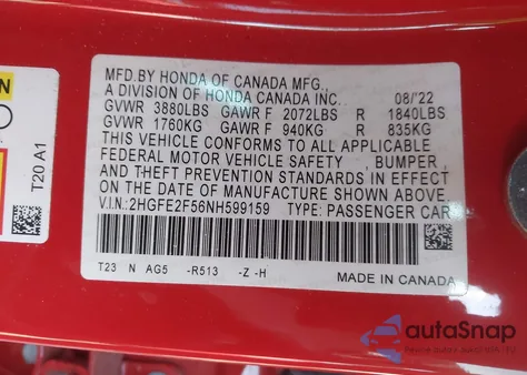 2022 Honda Civic Sport z USA, uszkodzony, nr VIN 2HGFE2F56NH599159